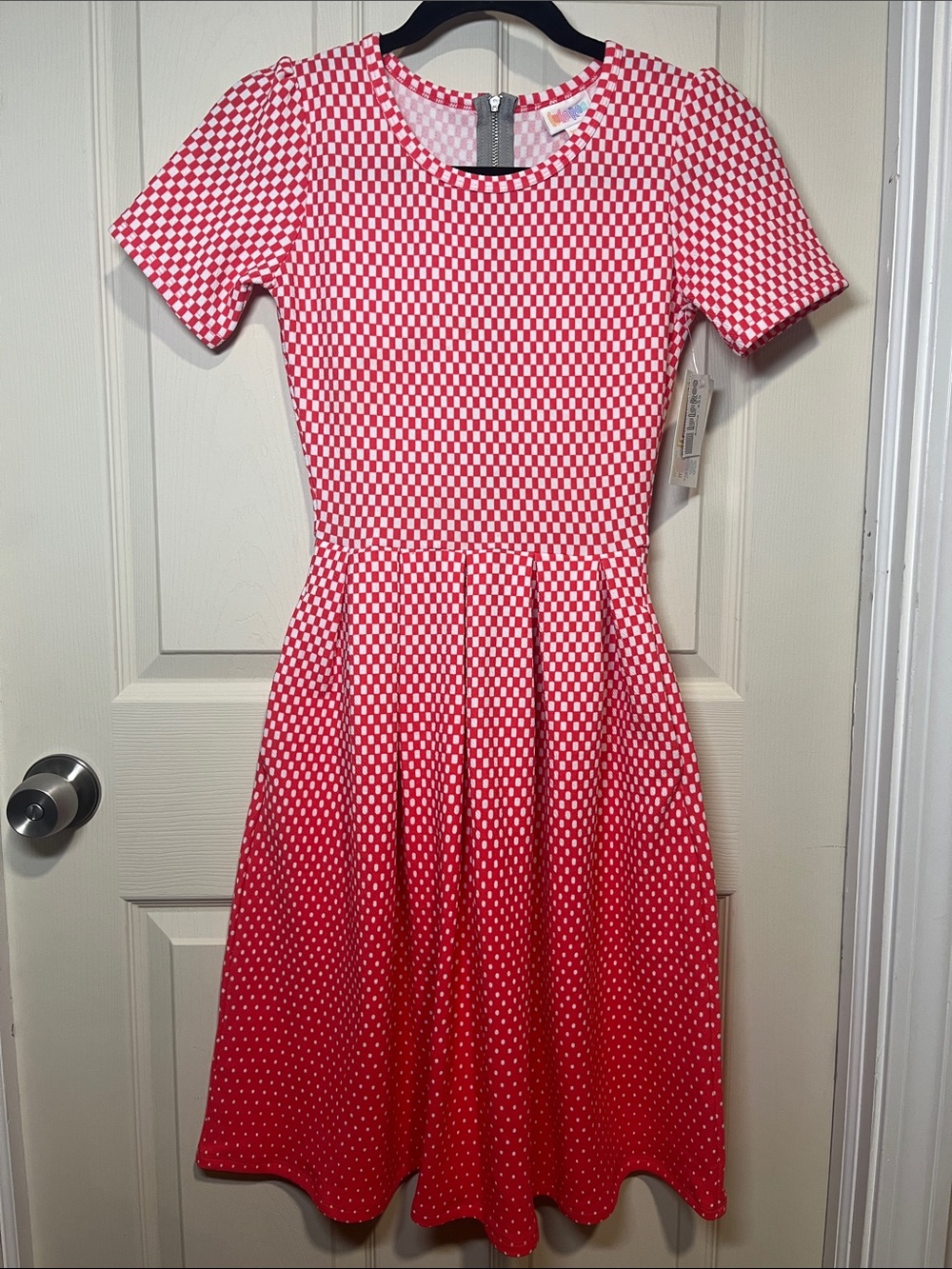 LuLaRoe Pink and White Checker-to-Dot Fit & Flare Dress